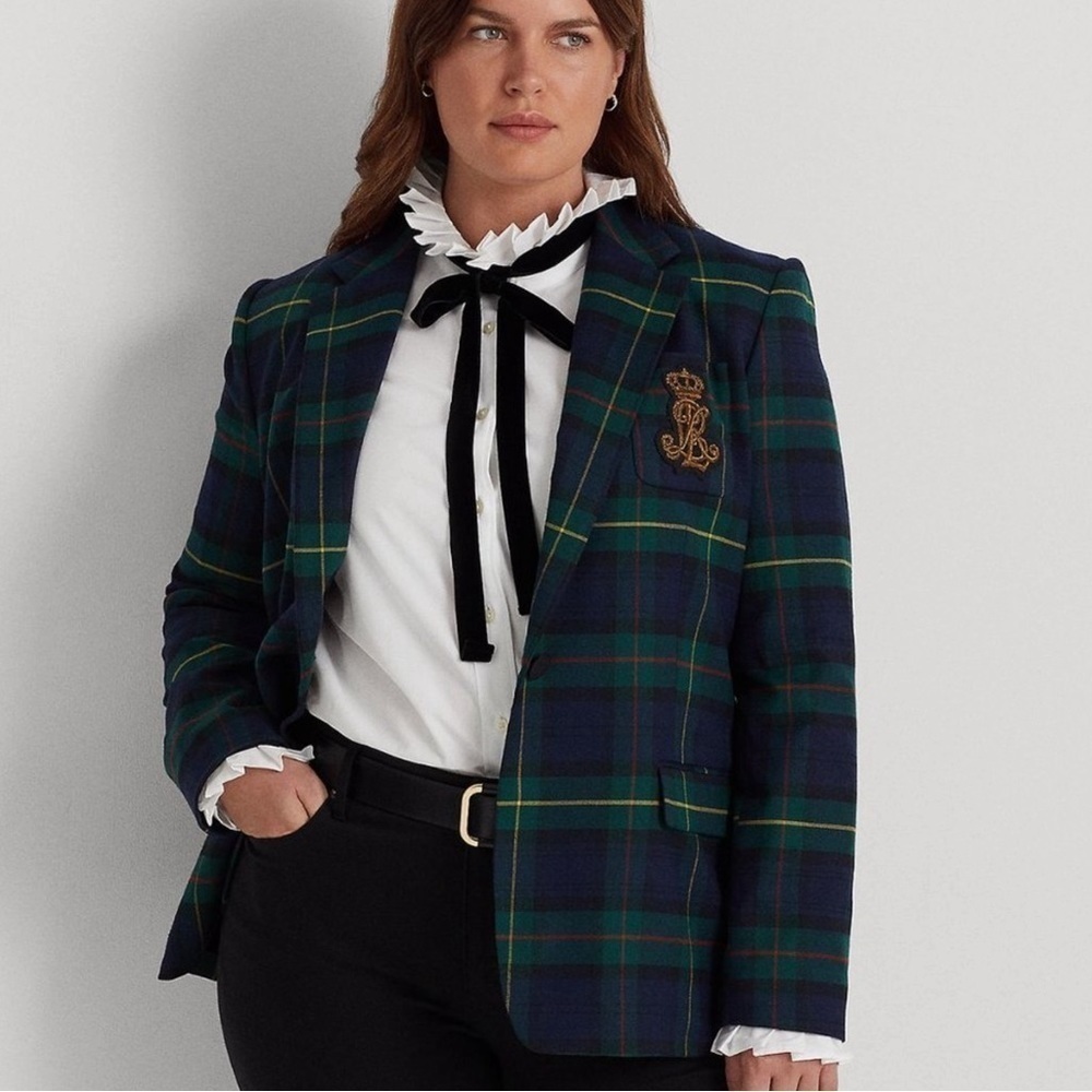 Lauren Ralph Lauren Bullion Plaid Wool-Blend Twill Blazer, 18W, Green/Navy, NWT